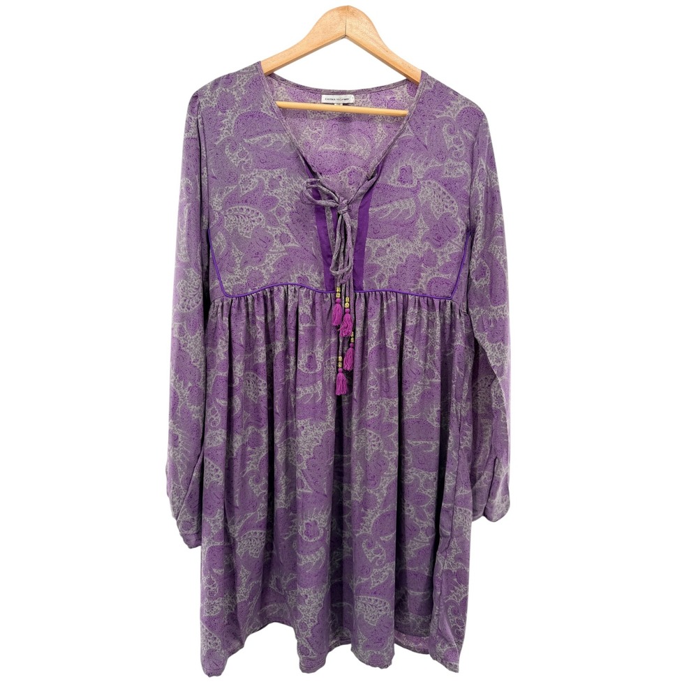 Karma Highway Purple Paisley Boho Tunic Dress Long Sleeve Tassel Tie One Size